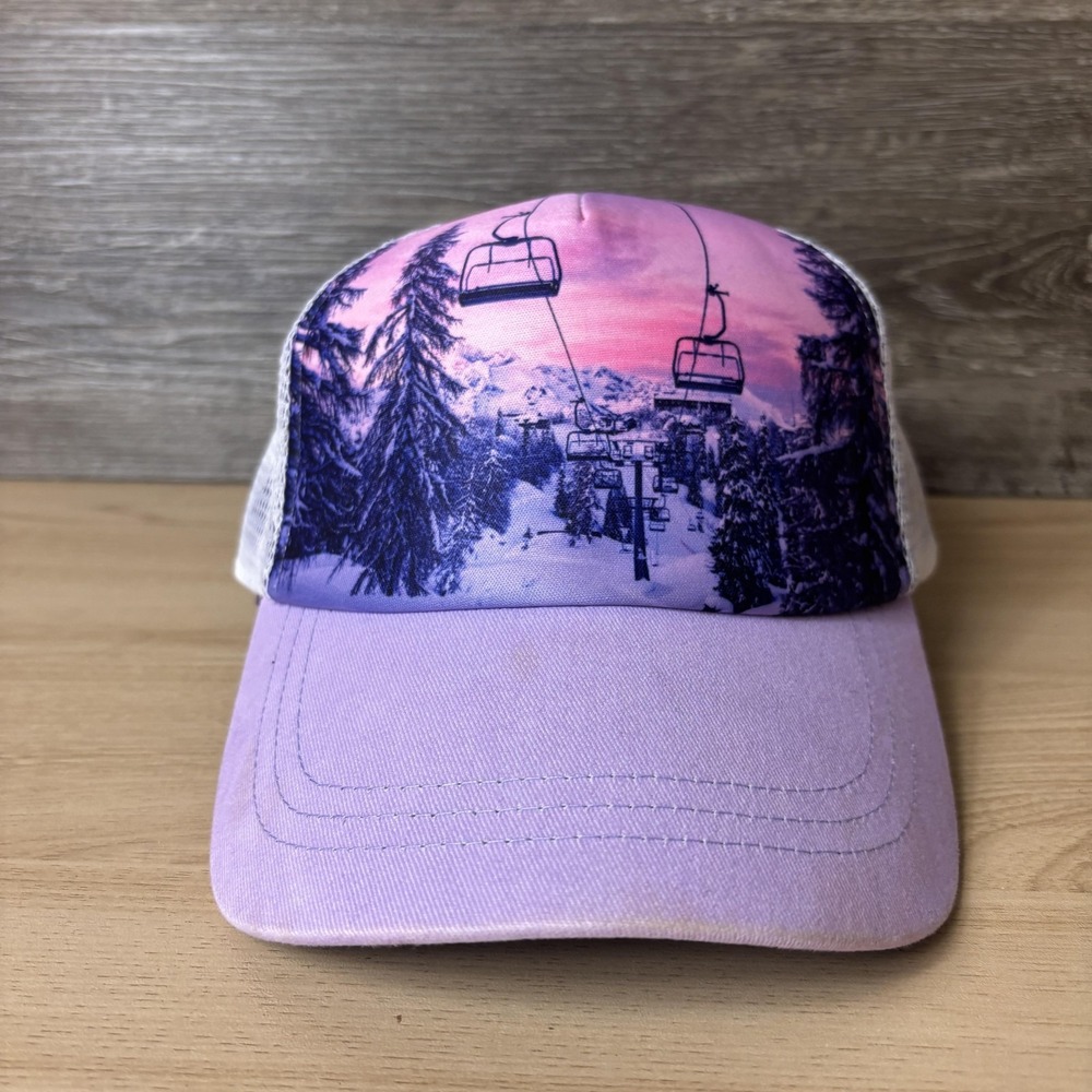 Turtle Fur Hat Cap Snap Back Purple White Trucker Mesh Ski Lift Mountain Mens